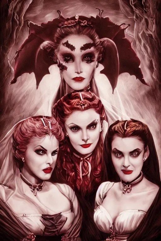 Image similar to The three brides of Dracula , Verona, Aleera and Marishka, horror, film photograby by Allen Daviau, directed by Stephen Sommers, Trending on artstation, artstationHD, artstationHQ, 4k, 8k