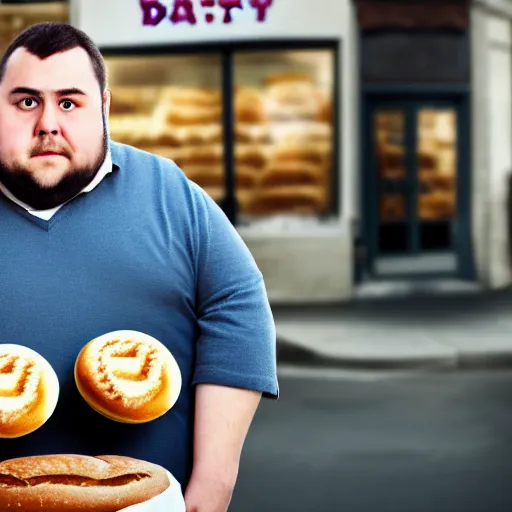 Prompt: Close up portrait of a chubby man with a bakery the background. Photorealistic. Award winning. Dramatic lighting. Intricate details. UHD 8K. He looks guilty.