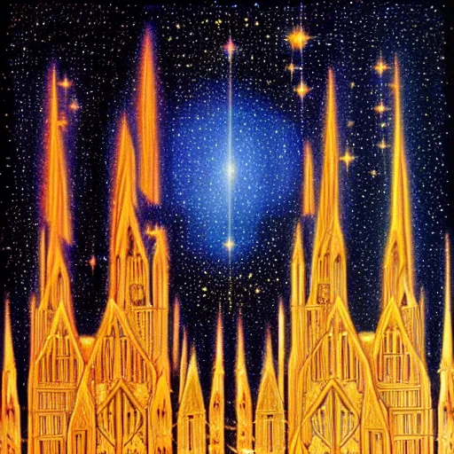Image similar to the constellation of twinkling stars show a palace in the night sky, Michael Devine, Caspar David Friedrich, spiritual, nebula, romantic, Alex Grey