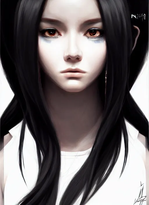 Image similar to full body portrait of long black hair girl within a streetwear. porcelain warforged, cynical face, concept art, character illustrations, intricate, highly detailed 8 k, smooth, matte, sharp focus, rim light, beautiful and aesthetic shape of face and body, artgerm, artstation, art by nira