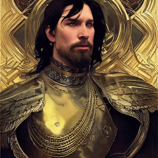 Image similar to pale, beautiful clean-shaven black-haired Viking lord wih sharp features, wearing a gilded black scale armor in the shape of art deco feathers and an arrogant heroic expression, by Greg Rutkowski, Brom, and Alphonse Mucha