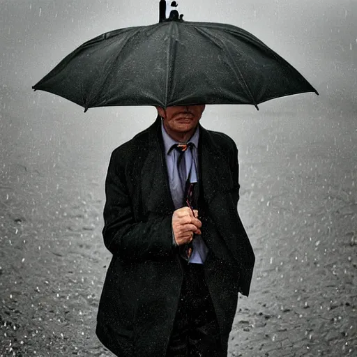 Prompt: Portrait of a British man holding an umbrella, facial asymmetry, striking features, tack sharp, rainy weather, fine-art photography, 180mm f/1.8, by Steve McCurry