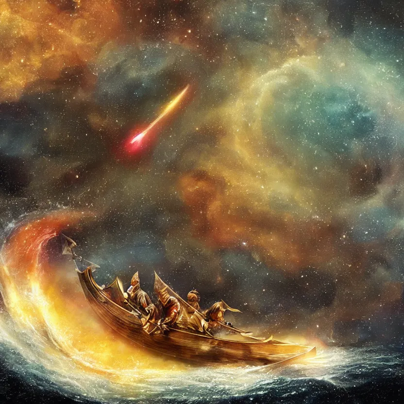 Image similar to a medieval viking longboat rowing through an ocean that is a nebula, several supernovae in the background, distant black hole ejecting a near light speed stream of matter across the scene