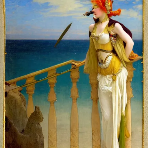 Image similar to A girl with jester clothes and a sword on the front of a Balustrade with a beach on the background, major arcana clothes, by paul delaroche, alphonse mucha and arnold böcklin arnold böcklin hyperrealistic 8k, very detailed