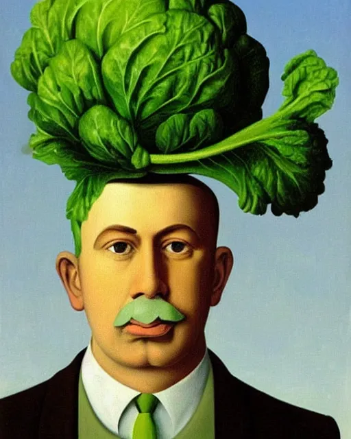 Image similar to painting of a man with a cabbage in the place of his head, masterpiece, painted by René Magritte