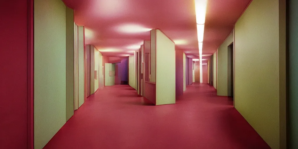 Image similar to noisy color photograph of a retrofuturist liminal space, hallways, minimalist, oddly familiar, cinematic, soft vintage glow