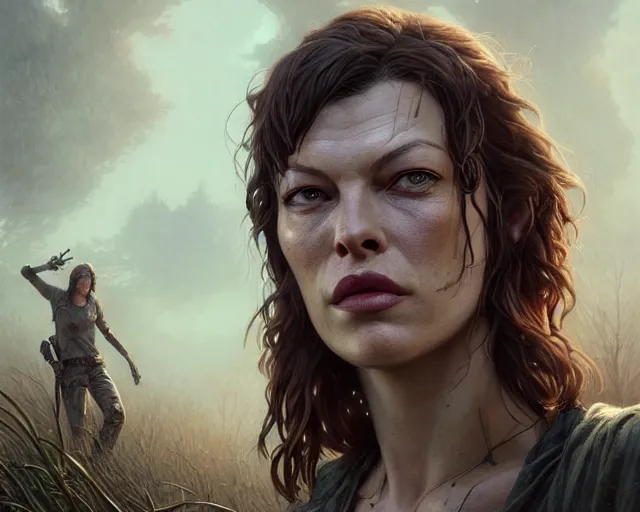 Image similar to highly detailed portrait of milla jovovich, in the walking dead, stephen bliss, unreal engine, fantasy art by greg rutkowski, loish, rhads, ferdinand knab, makoto shinkai and lois van baarle, ilya kuvshinov, rossdraws, tom bagshaw, global illumination, radiant light, detailed and intricate environment