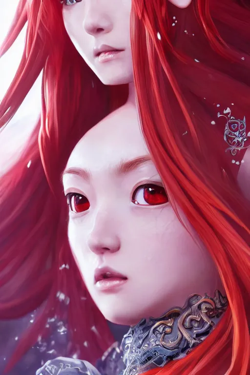 Prompt: highly detailed key visual concept portrait of a red hair beautiful girl in a genshin impact, fantasy illustration, by coco kim, photorealistic, unreal engine, detailed and intricate environment, trending on artstation