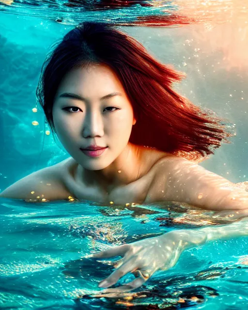 Image similar to portrait of asian woman underwater during sunrise, sunrays, aquaman aesthetic, caustics, rippling water, photoshoot, flowing hair, elegant, iconic, fine-art, masterpiece, cinematic, trending on artstation