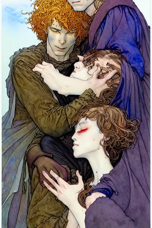 Prompt: a hyperrealist watercolour character concept art portrait of young lovers forgiveness. love. union. by rebecca guay, michael kaluta, charles vess and jean moebius giraud