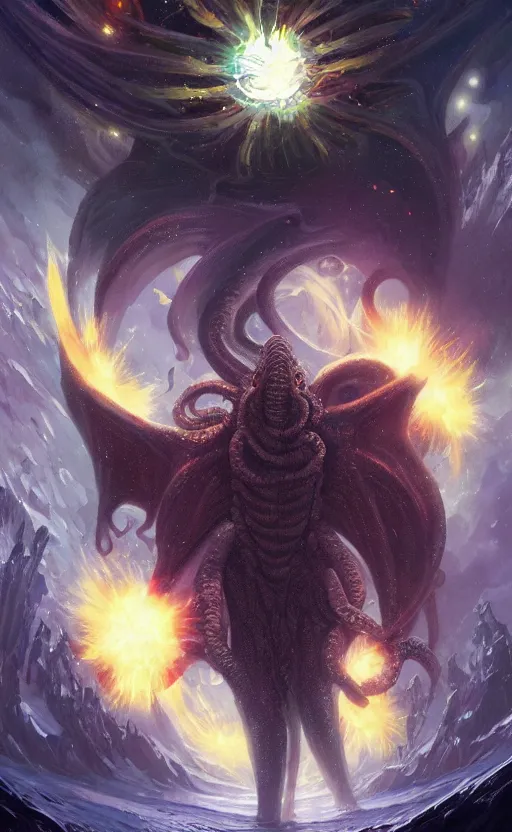 Prompt: a beautiful artwork illustration, cthulhu in a galactic explosion, high contrast, high saturation, by Greg Rutkowski and Jesper Ejsing and Raymond Swanland, featured on artstation, wide angle, vertical orientation
