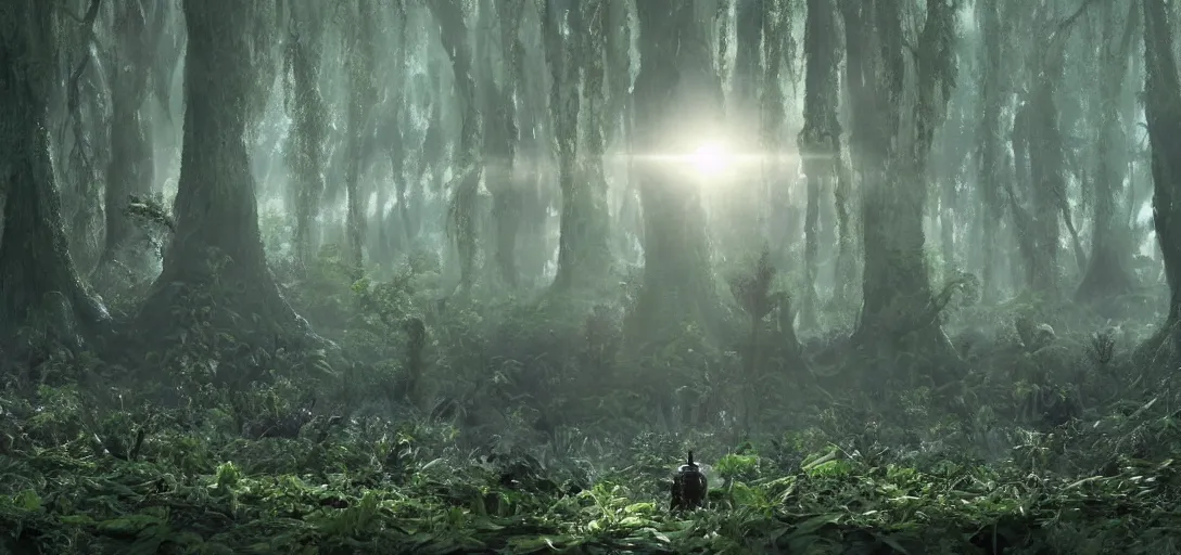 Image similar to a complex organic fractal 3 d metallic symbiotic ceramic humanoid megastructure creature in a swampy lush forest, foggy, sun rays, cinematic shot, photo still from movie by denis villeneuve, wayne barlowe