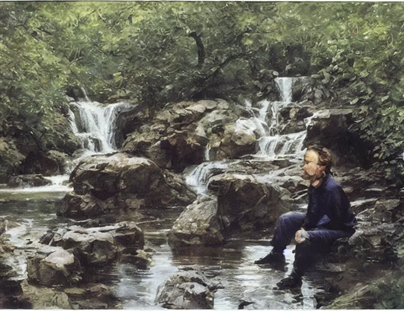 Image similar to steve hanks, serov valentin, lisa yuskavage, andrei tarkovsky, terrence malick, monk sits near waterfall, golden ratio, perfect symmetrical, polaroid, vintage, soft lights, foggy, oil on canvas