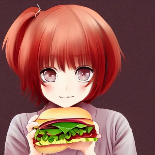 Image similar to a girl eating a sandwich, red hair, anime art, detailed, hd, smooth