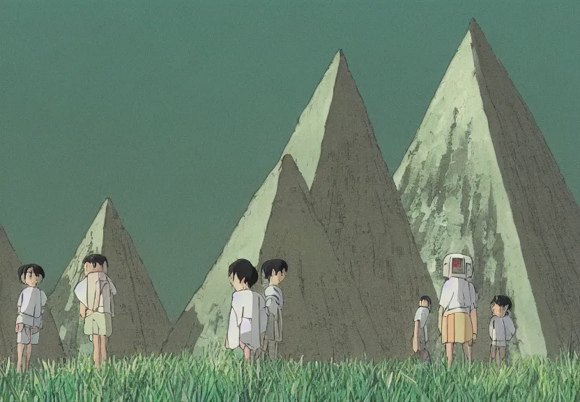 Image similar to a movie still from a studio ghibli film showing several large white pyramids in a swampy jungle. by studio ghibli