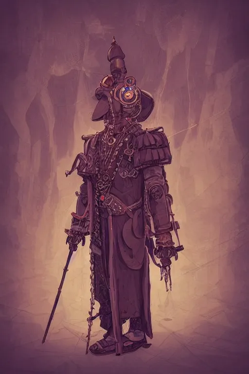 Image similar to beautiful calm bright ai generated fullbody character illustration of a very old timetraveller highpriest in ornated wooden armor and decorated sacred outfit and heavily equipped with steampunk cyberwares. rendered by machine.delusions. inspired by: @machine.delusions on instagram. Slightly reminds to ghibli studio style. Fullbody portrait uncut centered cinematic, dramatic pose medieval combined with steampunk