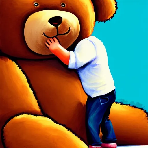 Prompt: young man burying his face on the belly of a giant teddy bear, cute, digital painting,