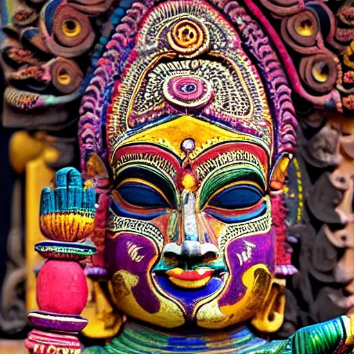 Image similar to a woman wearing mask that covers her face. the mask is made out of the colors, textures and sculptures of the meenakshi temple in madurai. intricate. detailed.