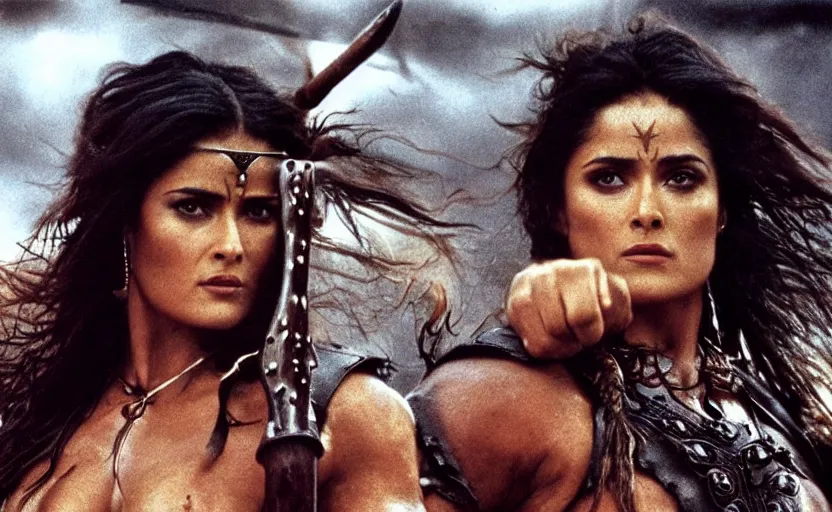 Image similar to epic photo of muscular salma hayek as beautiful barbarian warrior princess wearing leather armor and fur cloak in a battle scene with hundreds of warriors behind her, sweaty, detailed eyes, neutral expression, depth of field, photorealistic, cinematic lighting, lovely bokeh, warm colours, dusk, movie quality, conan the destroyer 1 9 8 5, movie still, cinemascope