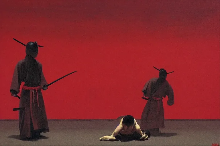 Image similar to only with red, a red samurai harakiri, tokio, a lot of frogs watch, in the style of beksinski, parts by edward hopper, parts by rodcenko, parts by yue minjun, intricate and epic composition, red by caravaggio, insanely quality, highly detailed, masterpiece, red light, artstation, 4 k