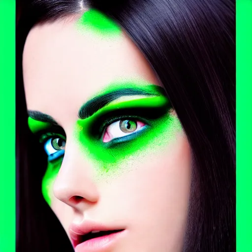 Image similar to photorealistic portrait of beautiful toxic girl, black hair, blue eyes, smooth face, perfect eyes, half body shot, elegant, realistic, glowing skin, detailed face, green colours, sharp focus