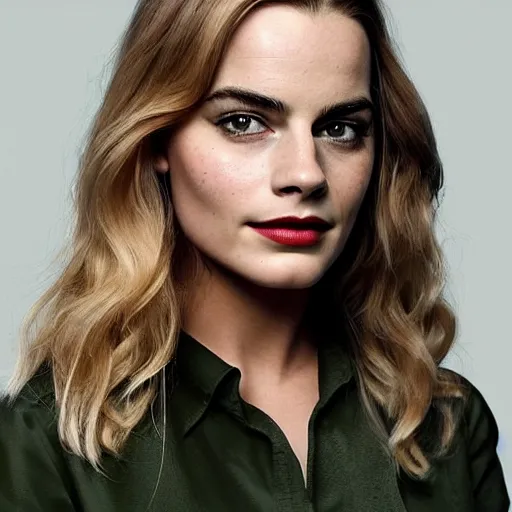 Image similar to a woman who is a genetic combination of margot robbie and emma watson face and upper - body focus