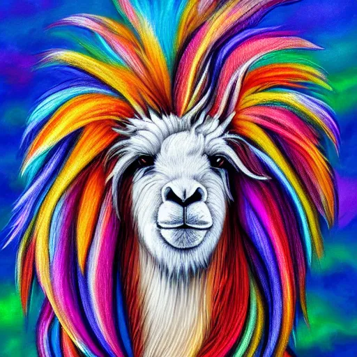 Image similar to portrait of a cute fluffy llama with long colorful flowing lion mane with mohawk hairstyle hybrid animal detailed painting 4 k