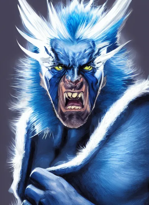 Prompt: portrait of beast from the x - men, strong masculine face with spiky blue hair and blue fur, intelligent blue eyes behind glasses, broad shoulders, dynamic lighting, ultra detailed, comic concept art