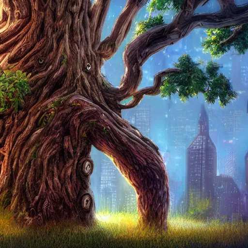 Prompt: a tree with a wide trunk planted in the middle of a city with high details, digital art, artstation, cinematografic