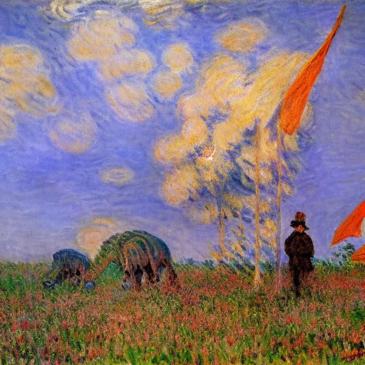 Image similar to Claude Monet painting dinosaurs