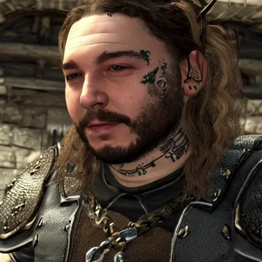 Image similar to Post Malone as an NPC character in Skyrim, screenshot