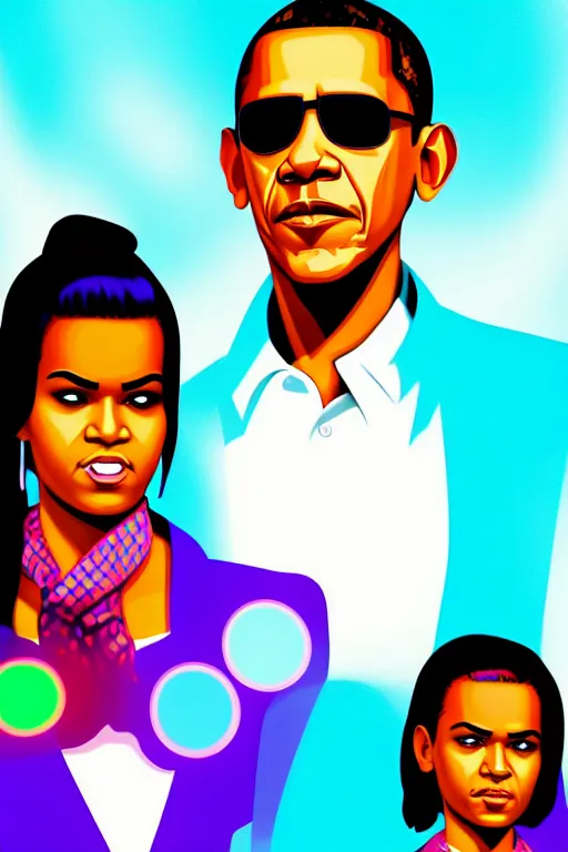 Image similar to obama and his daughter, gta vice city style art, pop art, no duplicate image, glowing lights, ultra details, digital painting, artstation, concept art, smooth, sharp focus, illustration, intecrate details, art by richard hamilton and mimmo rottela, pixels art by kirokaze and paul robertson