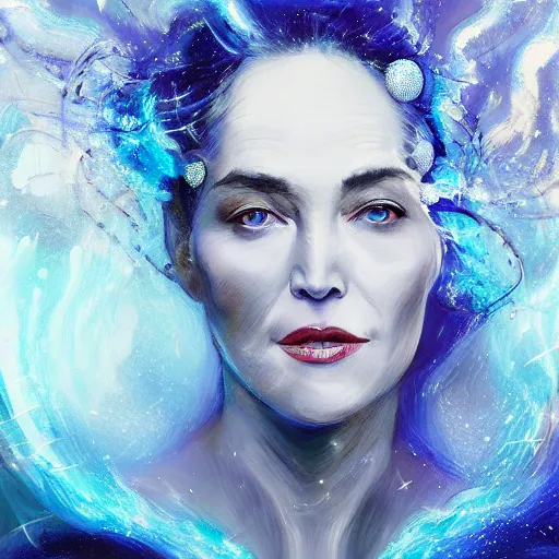 Prompt: masterpiece portrait of an aesthetic elegant mage woman, ice spell, 3 0 years old woman, sharon stone like, soft face, black dynamic hair, wearing silver diadem with blue gems inlays, silver necklace, painting by joachim bergauer and magali villeneuve, atmospheric effects, chaotic blue sparks dynamics in the background, intricate, artstation, instagram, fantasy