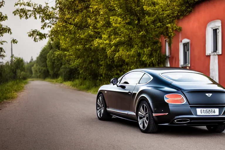 Image similar to modern rusty matte tired Bentley Continental GT without gloss no reflections drives along the road of an old Russian village with houses at the edges