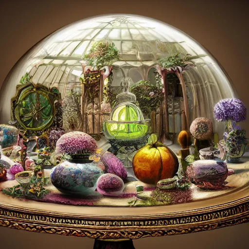 Prompt: a still life painting of a miniature tabletop cemetery under an ornate glass dome, by paulette tavormina and janet fish and michael whelan, on a sumptuous tablecloth, extremely detailed, photorealistic, surrealism, dramatic lighting, smooth sharp focus, featured on artstation, octane render