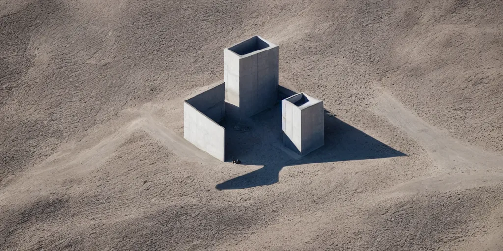 Image similar to imposing geometric concrete buildings in a barren desert wasteland