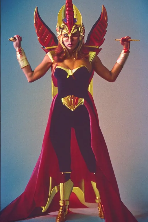 Image similar to she - ra, portrait, full body, symmetrical features, color photo, 1 9 8 5 photograph, kodachrome, aged paper, sergio leone, master prime lenses, cinematic