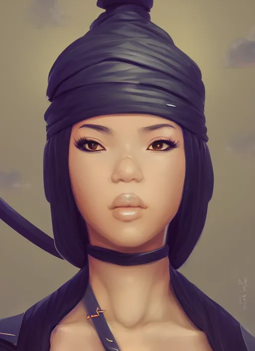 Image similar to attractive female portrait of african ninja, cloud background, rul of thirds, uplight, intricate, symmetrical!!, anime, prism highlights, depth of field, cinematic, filmic, vsco, concept art, artstation, digital painting, elegant, epic, focus