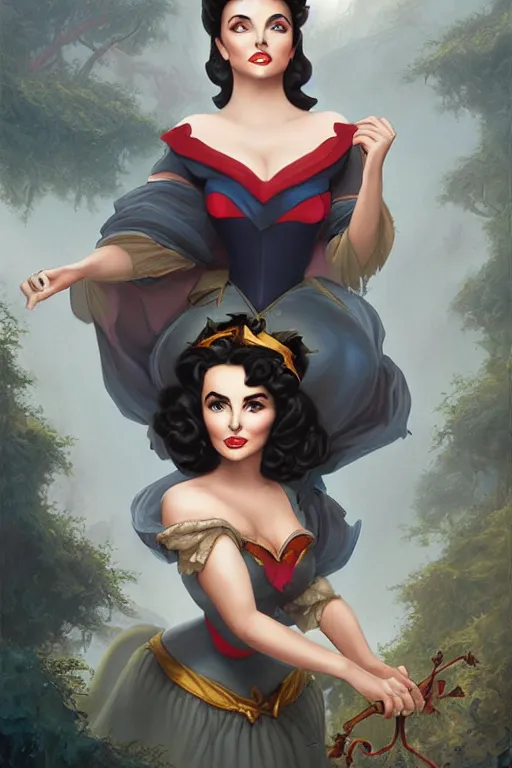 Image similar to beautiful hq matte painting of elizabeth taylor as snow white, by peter mohrbacher greg rutowski