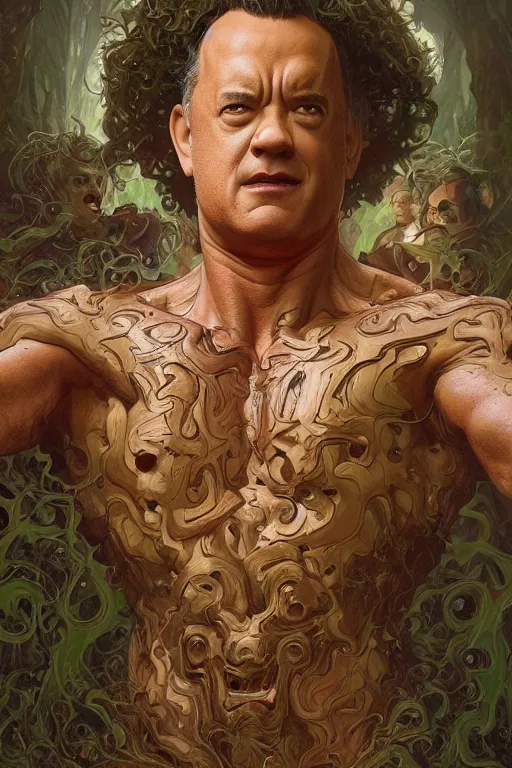 Image similar to portrait of tom hanks as a hulking herculean demon, forest, godlike, full body, fantasy, intricate, elegant, highly detailed, digital painting, artstation, concept art, sharp focus, illustration, art by artgerm and greg rutkowski and alphonse mucha