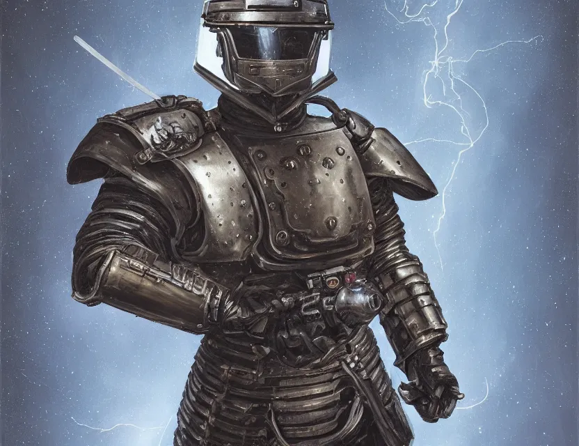 Prompt: a detailed portrait painting of a lone bounty hunter wearing combat armour and a reflective visor. Head and chest only. Dieselpunk elements. Movie scene, cinematic sci-fi scene. Flight suit, cloth and metal, accurate anatomy. Samurai influence, knight influence. fencing armour. portrait symmetrical and science fiction theme with lightning, aurora lighting. clouds and stars. Futurism by moebius beksinski carl spitzweg moebius and tuomas korpi. baroque elements. baroque element. intricate artwork by caravaggio. Oil painting. Trending on artstation. 8k