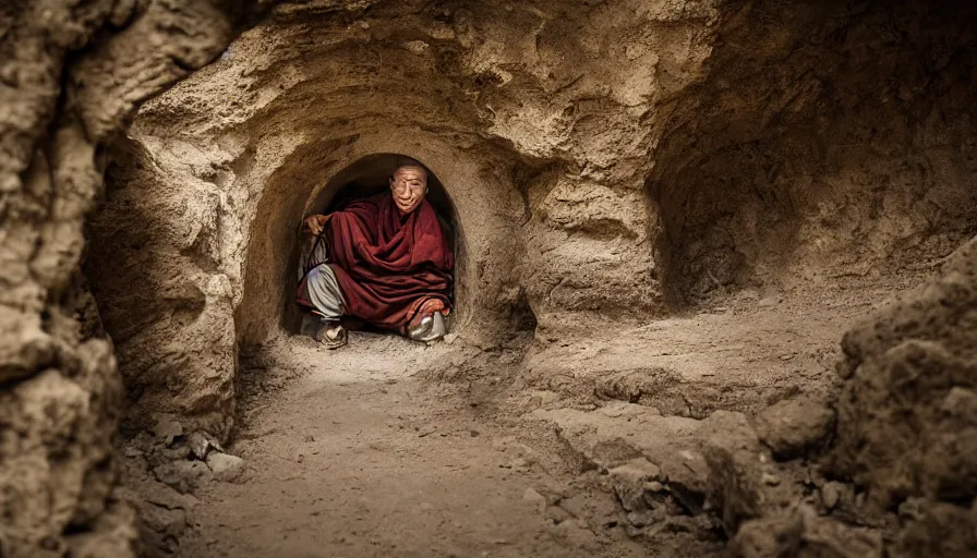 Image similar to a tibetan man in a flesh barque in a tiny tunnel of root, leica sl 2
