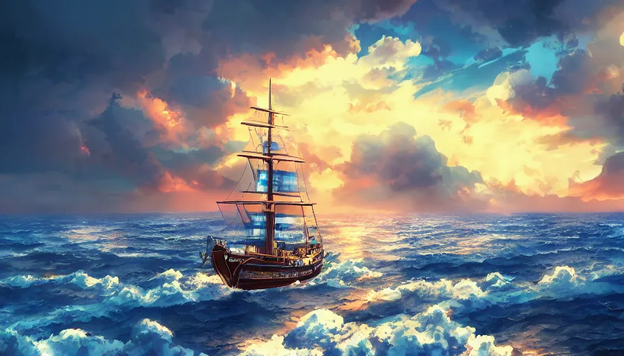 Image similar to one piece ship sailing, stormy sky, sun sunset, with blue light piercing through clouds, makoto shinkai, royal blue colors, lighting refraction, volumetric lighting, pixiv art, highly detailed, anime art, symmetrical, wlop, anime art