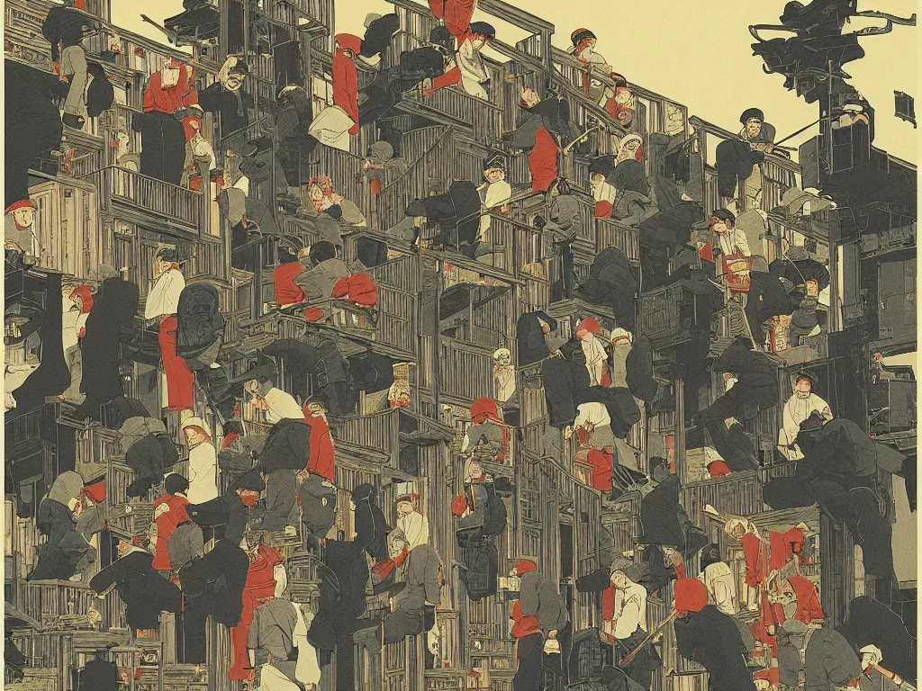 Prompt: The guns were in the bags. One of the guys are the bottom of the stairs figured it out , screen print by Kawase Hasui and jeffrey smith