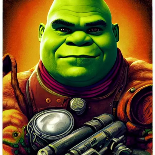 Image similar to lofi portrait of shrek as the doom slayer, demons, hell, pixar style, by tristan eaton stanley artgerm and tom bagshaw.