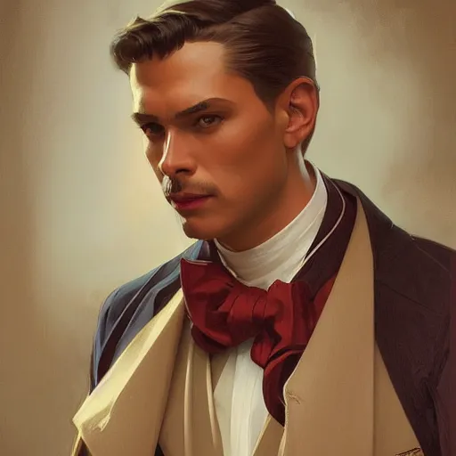 Image similar to portrait of a leyendecker man, sly, intricate, elegant, highly detailed, digital painting, artstation, concept art, smooth, sharp focus, illustration, art by artgerm and greg rutkowski and alphonse mucha and william - adolphe bouguereau