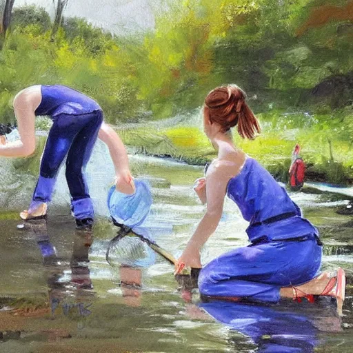 Image similar to two slavic girls splashing in the riverbank, enviroment painting,