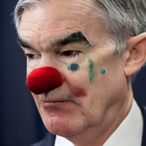 Image similar to Jerome Powell with colorful clown makeup all over his face whiteface