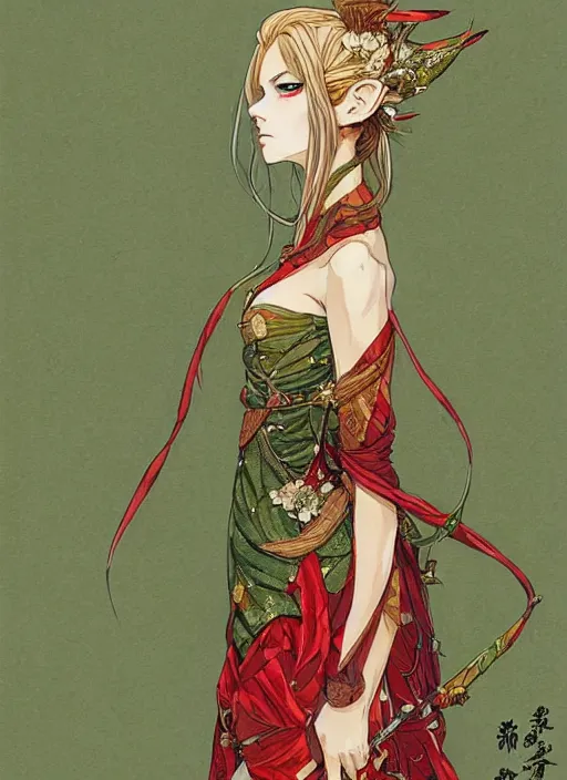 Image similar to half body portrait of a beautiful elven queen in red green gold dress, detailed, wearing kimono armor, by conrad roset, takato yomamoto, jesper ejsing, beautiful