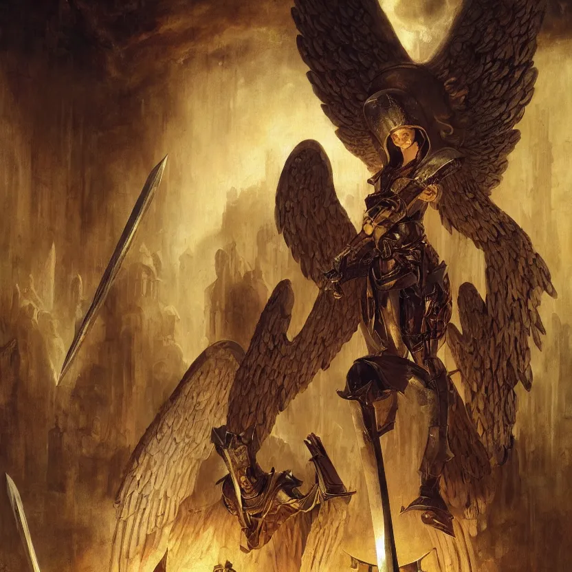 Prompt: painting of a powerful angel in medieval knights armory and white wings sitting on an enormous sword throne. cinematic lighting, atmospheric lighting, haunted, terrifying atmosphere by greg rutkowski, evelyn de morgan, bruce pennington.